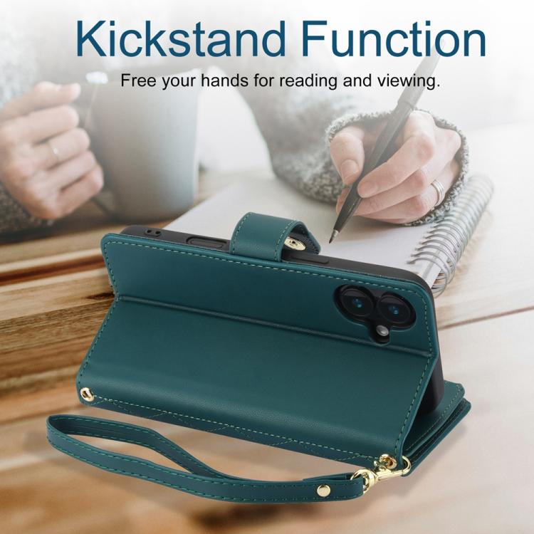 For iPhone 16 YM016 Rhombic Zipper Card Wallet Leather Phone Case with Lanyard(Green) - iPhone 16 Cases by buy2fix | Online Shopping UK | buy2fix