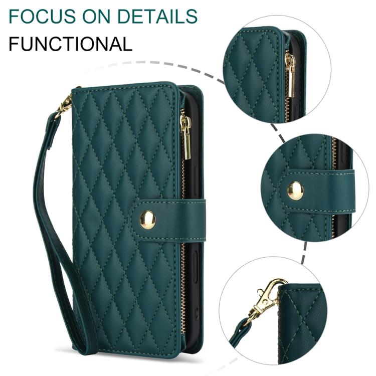 For iPhone 16 YM016 Rhombic Zipper Card Wallet Leather Phone Case with Lanyard(Green) - iPhone 16 Cases by buy2fix | Online Shopping UK | buy2fix
