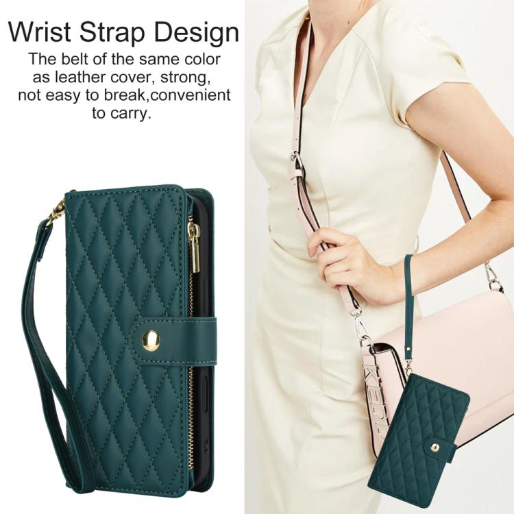 For iPhone 16 YM016 Rhombic Zipper Card Wallet Leather Phone Case with Lanyard(Green) - iPhone 16 Cases by buy2fix | Online Shopping UK | buy2fix