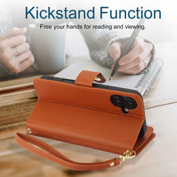 For iPhone 16 YM016 Rhombic Zipper Card Wallet Leather Phone Case with Lanyard(Brown) - iPhone 16 Cases by buy2fix | Online Shopping UK | buy2fix