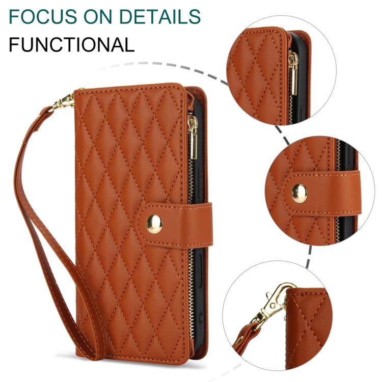 For iPhone 16 YM016 Rhombic Zipper Card Wallet Leather Phone Case with Lanyard(Brown) - iPhone 16 Cases by buy2fix | Online Shopping UK | buy2fix