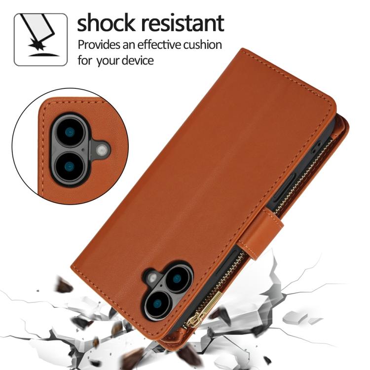 For iPhone 16 YM016 Rhombic Zipper Card Wallet Leather Phone Case with Lanyard(Brown) - iPhone 16 Cases by buy2fix | Online Shopping UK | buy2fix