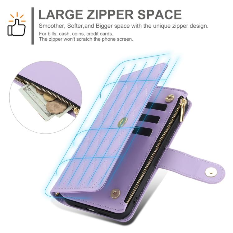 For iPhone 16 YM016 Rhombic Zipper Card Wallet Leather Phone Case with Lanyard(Light Purple) - iPhone 16 Cases by buy2fix | Online Shopping UK | buy2fix