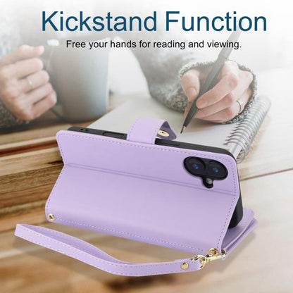 For iPhone 16 YM016 Rhombic Zipper Card Wallet Leather Phone Case with Lanyard(Light Purple) - iPhone 16 Cases by buy2fix | Online Shopping UK | buy2fix