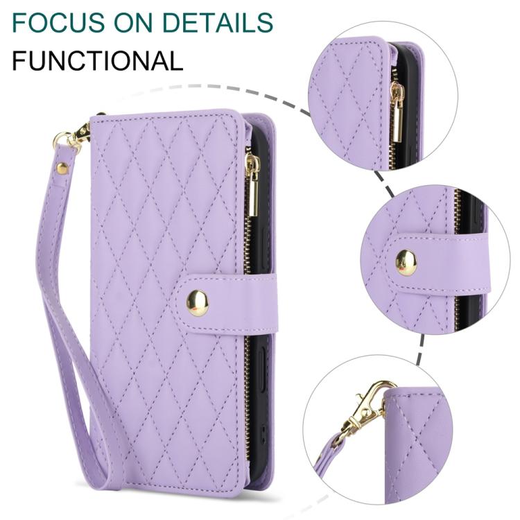 For iPhone 16 YM016 Rhombic Zipper Card Wallet Leather Phone Case with Lanyard(Light Purple) - iPhone 16 Cases by buy2fix | Online Shopping UK | buy2fix