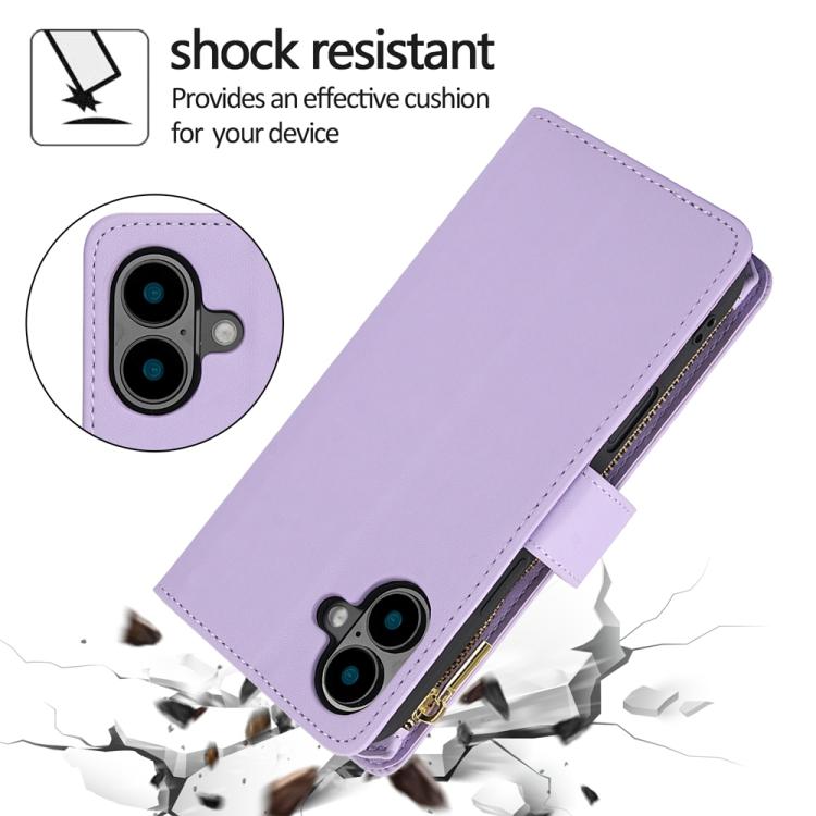 For iPhone 16 YM016 Rhombic Zipper Card Wallet Leather Phone Case with Lanyard(Light Purple) - iPhone 16 Cases by buy2fix | Online Shopping UK | buy2fix