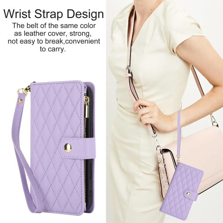 For iPhone 16 YM016 Rhombic Zipper Card Wallet Leather Phone Case with Lanyard(Light Purple) - iPhone 16 Cases by buy2fix | Online Shopping UK | buy2fix