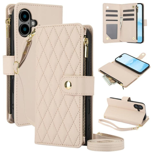 For iPhone 16 YM016 Rhombic Zipper Card Wallet Leather Phone Case with Lanyard(Apricot) - iPhone 16 Cases by buy2fix | Online Shopping UK | buy2fix