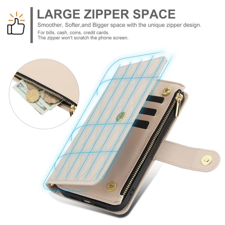 For iPhone 16 YM016 Rhombic Zipper Card Wallet Leather Phone Case with Lanyard(Apricot) - iPhone 16 Cases by buy2fix | Online Shopping UK | buy2fix