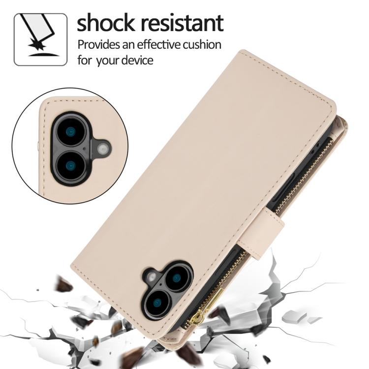 For iPhone 16 YM016 Rhombic Zipper Card Wallet Leather Phone Case with Lanyard(Apricot) - iPhone 16 Cases by buy2fix | Online Shopping UK | buy2fix