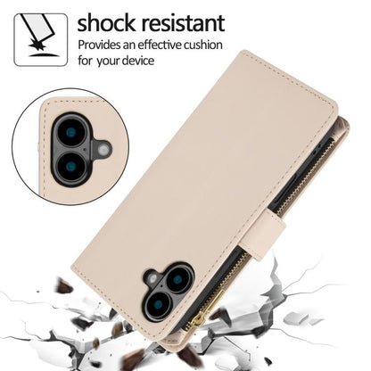 For iPhone 16 YM016 Rhombic Zipper Card Wallet Leather Phone Case with Lanyard(Apricot) - iPhone 16 Cases by buy2fix | Online Shopping UK | buy2fix