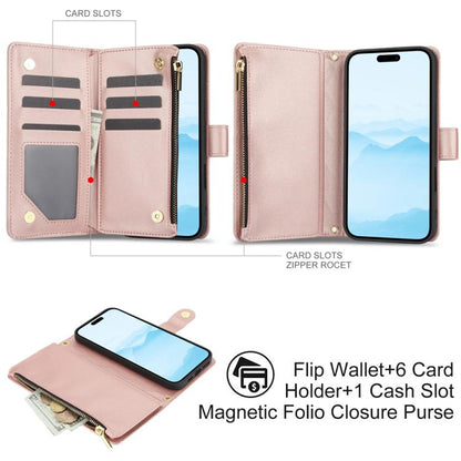 For iPhone 16 YM016 Rhombic Zipper Card Wallet Leather Phone Case with Lanyard(Rose Gold) - iPhone 16 Cases by buy2fix | Online Shopping UK | buy2fix