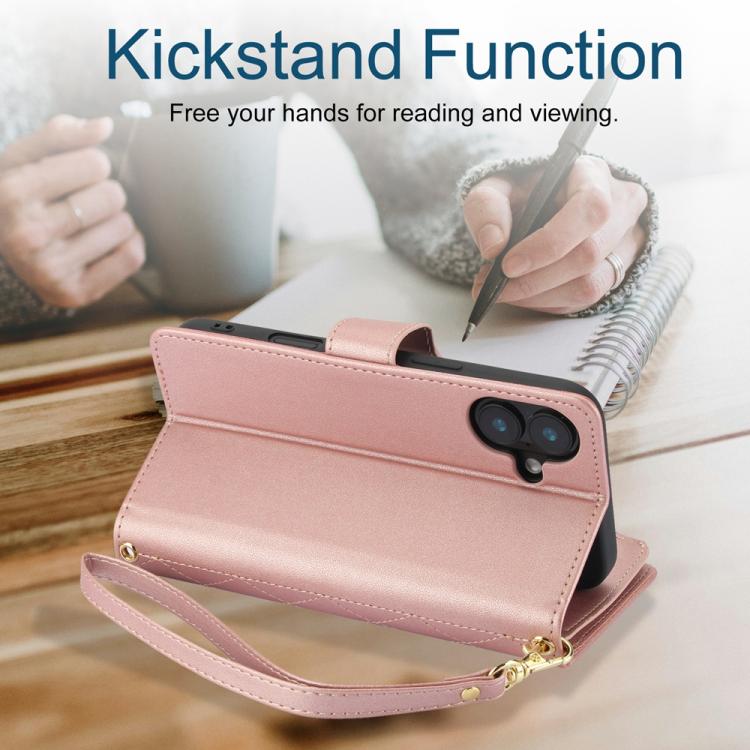 For iPhone 16 YM016 Rhombic Zipper Card Wallet Leather Phone Case with Lanyard(Rose Gold) - iPhone 16 Cases by buy2fix | Online Shopping UK | buy2fix