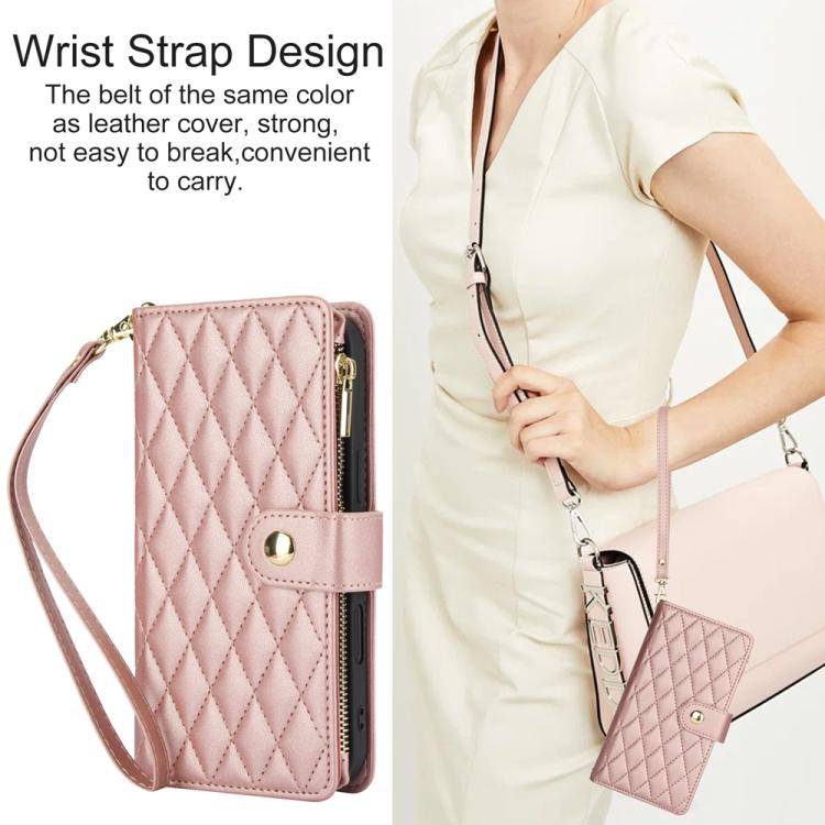 For iPhone 16 YM016 Rhombic Zipper Card Wallet Leather Phone Case with Lanyard(Rose Gold) - iPhone 16 Cases by buy2fix | Online Shopping UK | buy2fix