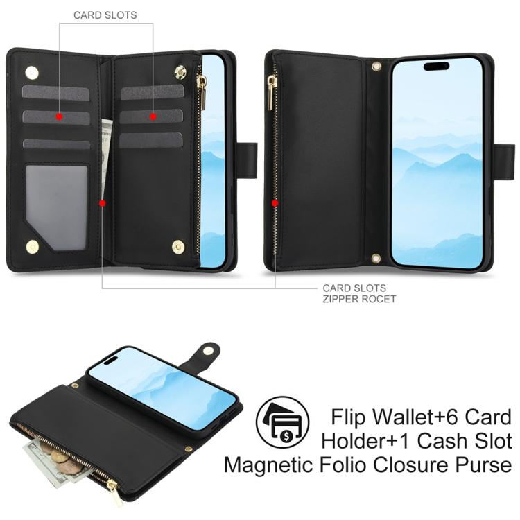 For iPhone 16 YM016 Rhombic Zipper Card Wallet Leather Phone Case with Lanyard(Black) - iPhone 16 Cases by buy2fix | Online Shopping UK | buy2fix