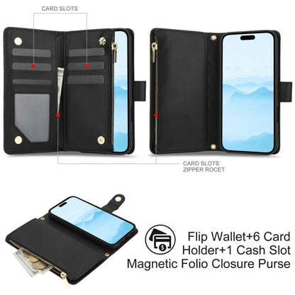 For iPhone 16 YM016 Rhombic Zipper Card Wallet Leather Phone Case with Lanyard(Black) - iPhone 16 Cases by buy2fix | Online Shopping UK | buy2fix