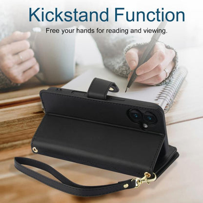 For iPhone 16 YM016 Rhombic Zipper Card Wallet Leather Phone Case with Lanyard(Black) - iPhone 16 Cases by buy2fix | Online Shopping UK | buy2fix