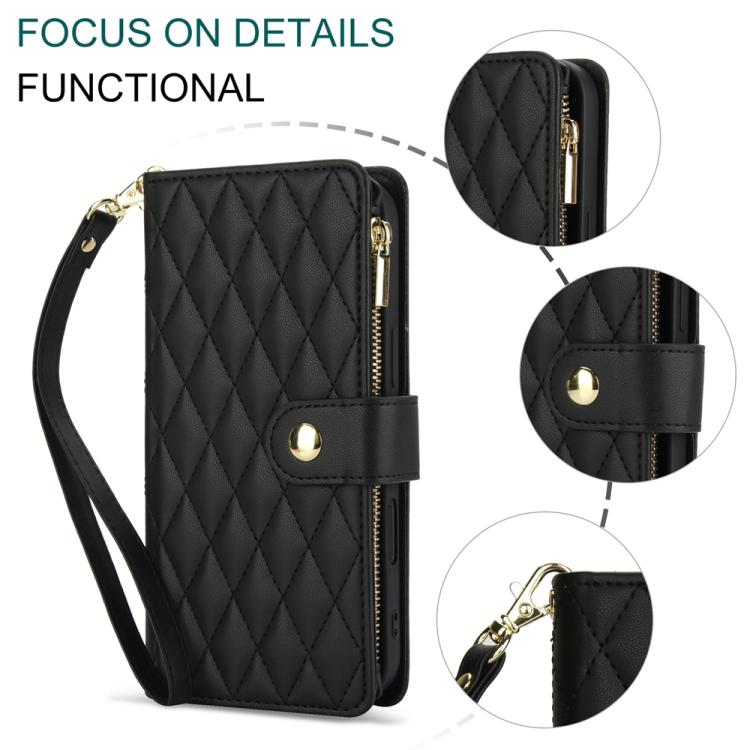 For iPhone 16 YM016 Rhombic Zipper Card Wallet Leather Phone Case with Lanyard(Black) - iPhone 16 Cases by buy2fix | Online Shopping UK | buy2fix