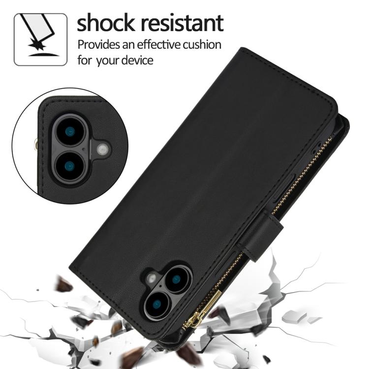 For iPhone 16 YM016 Rhombic Zipper Card Wallet Leather Phone Case with Lanyard(Black) - iPhone 16 Cases by buy2fix | Online Shopping UK | buy2fix