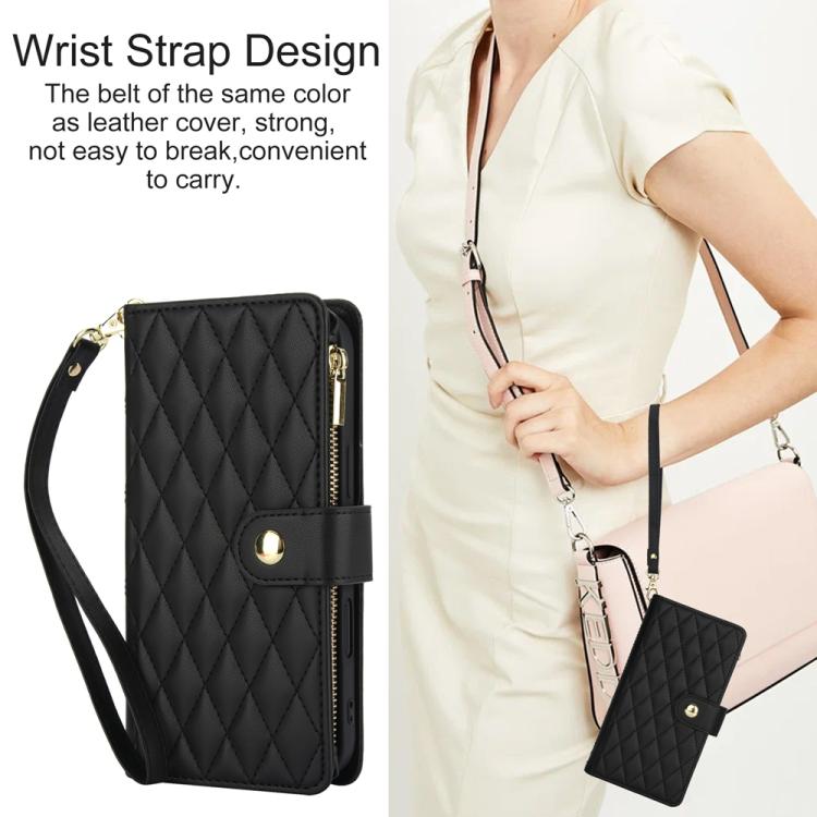 For iPhone 16 YM016 Rhombic Zipper Card Wallet Leather Phone Case with Lanyard(Black) - iPhone 16 Cases by buy2fix | Online Shopping UK | buy2fix