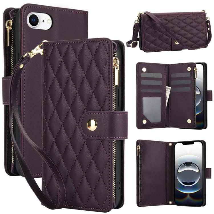 For iPhone 16e YM016 Rhombic Zipper Card Wallet Leather Phone Case with Lanyard(Dark Purple) - iPhone 16e Cases by buy2fix | Online Shopping UK | buy2fix