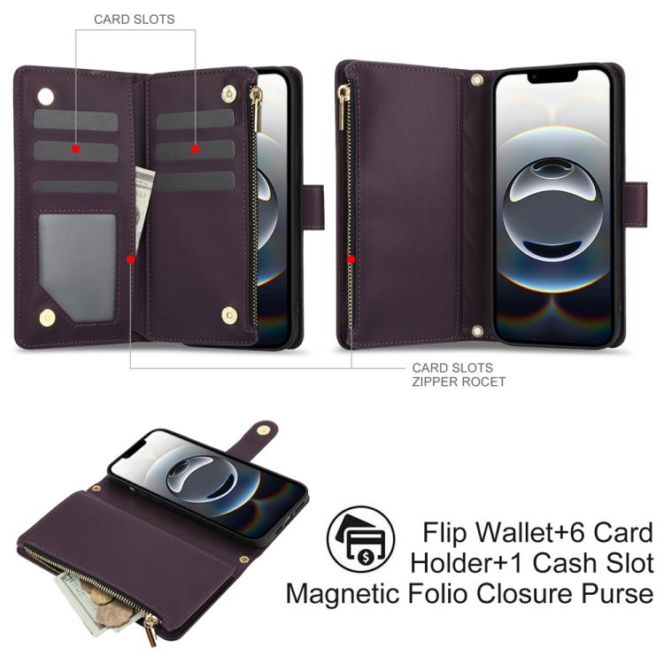 For iPhone 16e YM016 Rhombic Zipper Card Wallet Leather Phone Case with Lanyard(Dark Purple) - iPhone 16e Cases by buy2fix | Online Shopping UK | buy2fix