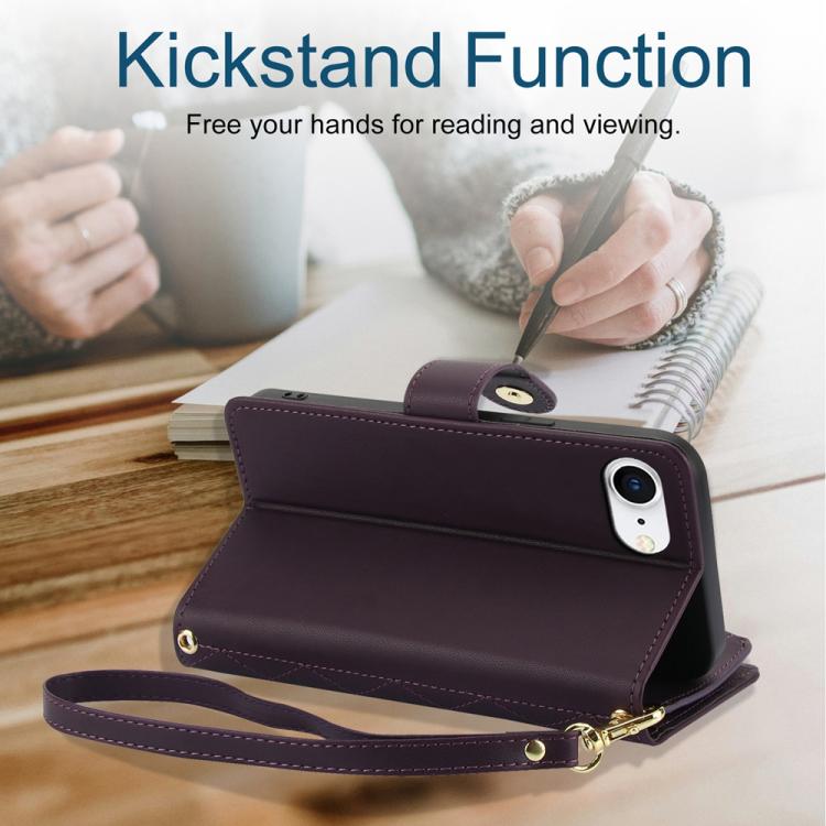 For iPhone 16e YM016 Rhombic Zipper Card Wallet Leather Phone Case with Lanyard(Dark Purple) - iPhone 16e Cases by buy2fix | Online Shopping UK | buy2fix