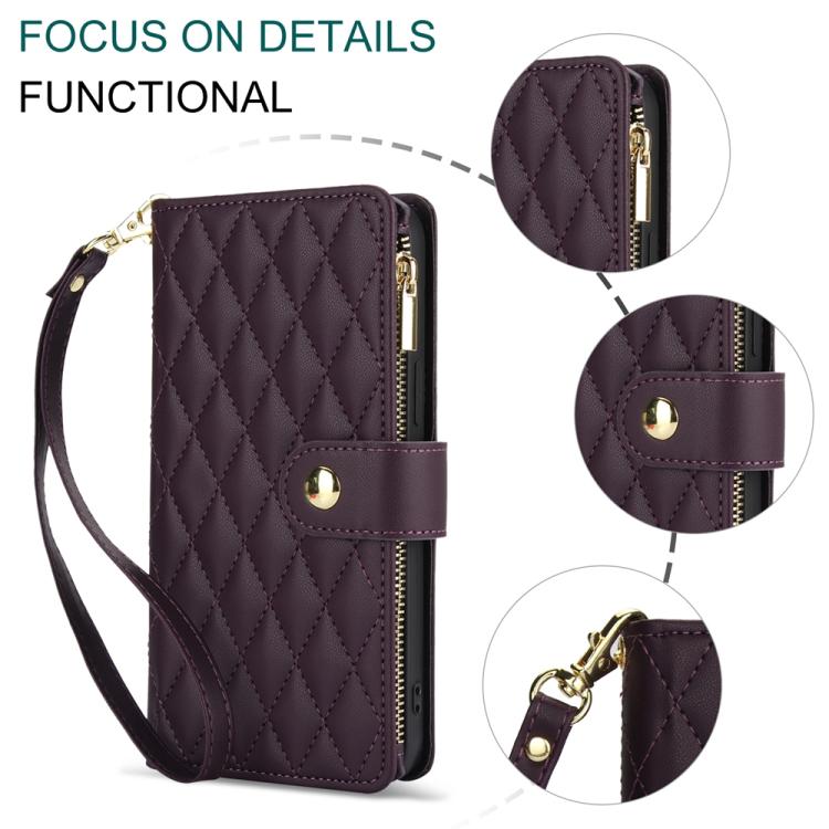 For iPhone 16e YM016 Rhombic Zipper Card Wallet Leather Phone Case with Lanyard(Dark Purple) - iPhone 16e Cases by buy2fix | Online Shopping UK | buy2fix