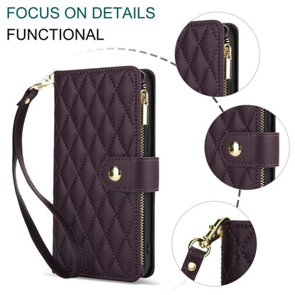 For iPhone 16e YM016 Rhombic Zipper Card Wallet Leather Phone Case with Lanyard(Dark Purple) - iPhone 16e Cases by buy2fix | Online Shopping UK | buy2fix