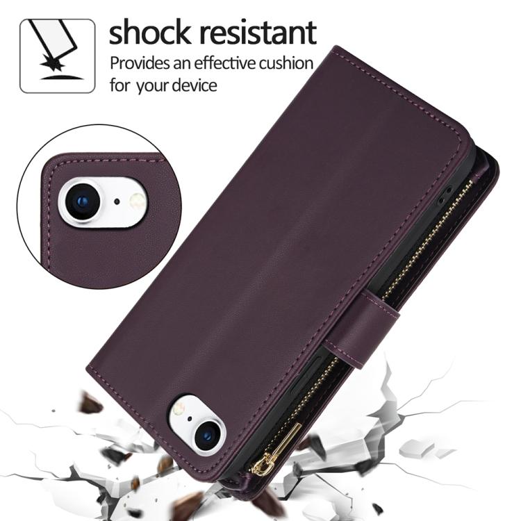 For iPhone 16e YM016 Rhombic Zipper Card Wallet Leather Phone Case with Lanyard(Dark Purple) - iPhone 16e Cases by buy2fix | Online Shopping UK | buy2fix