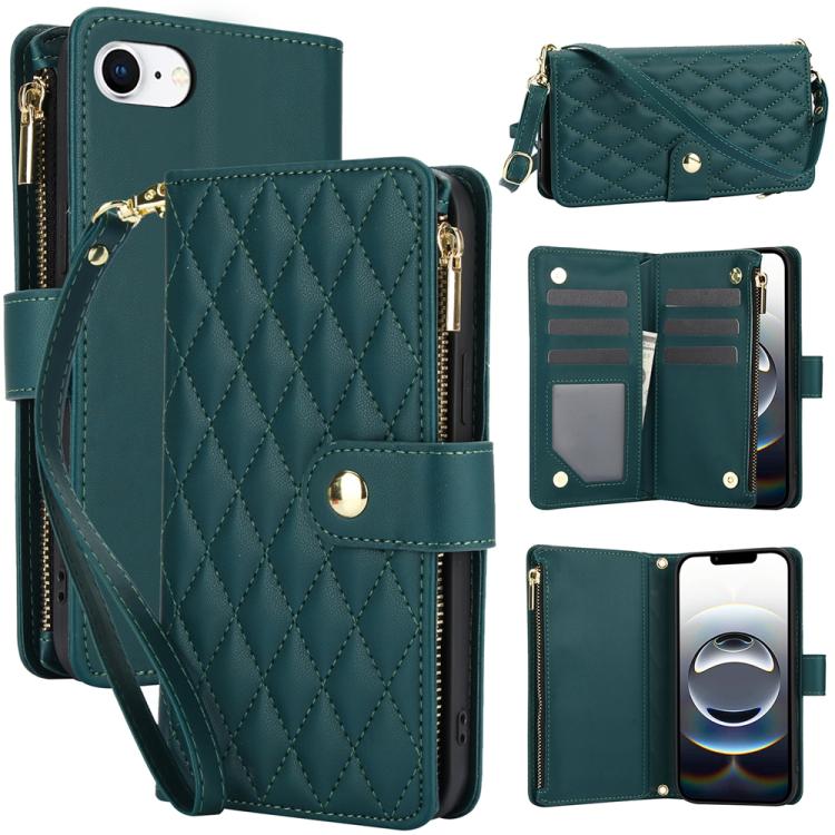 For iPhone 16e YM016 Rhombic Zipper Card Wallet Leather Phone Case with Lanyard(Green) - iPhone 16e Cases by buy2fix | Online Shopping UK | buy2fix
