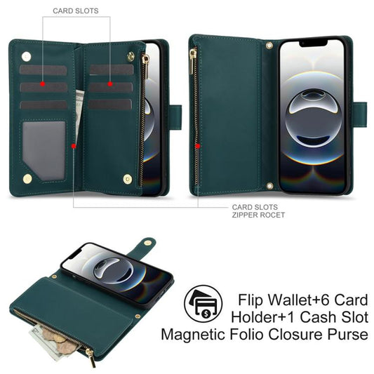 For iPhone 16e YM016 Rhombic Zipper Card Wallet Leather Phone Case with Lanyard(Green) - iPhone 16e Cases by buy2fix | Online Shopping UK | buy2fix