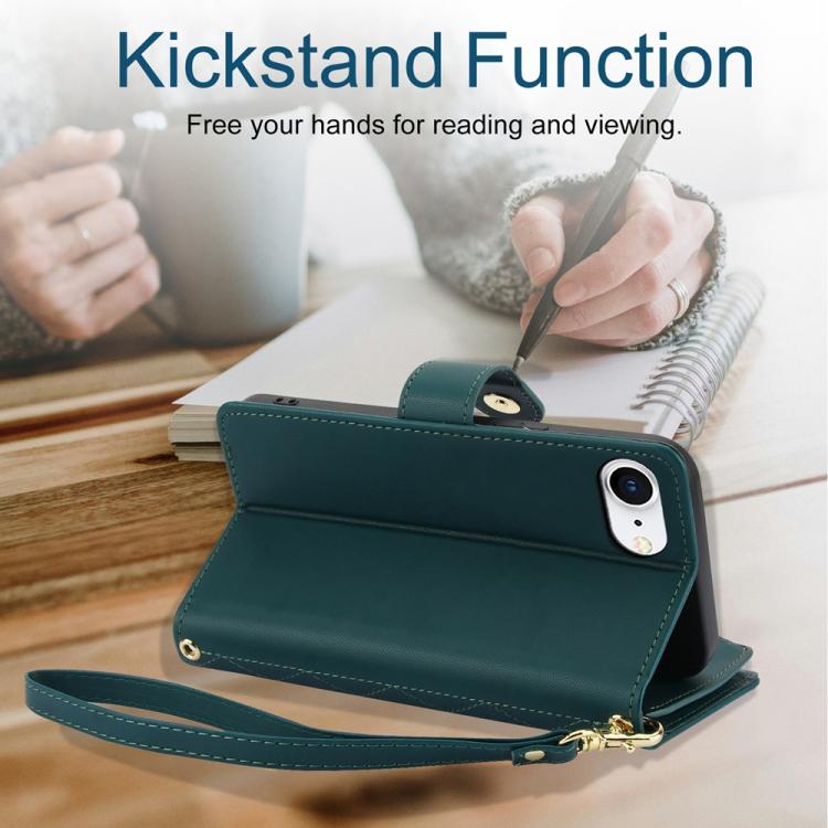 For iPhone 16e YM016 Rhombic Zipper Card Wallet Leather Phone Case with Lanyard(Green) - iPhone 16e Cases by buy2fix | Online Shopping UK | buy2fix