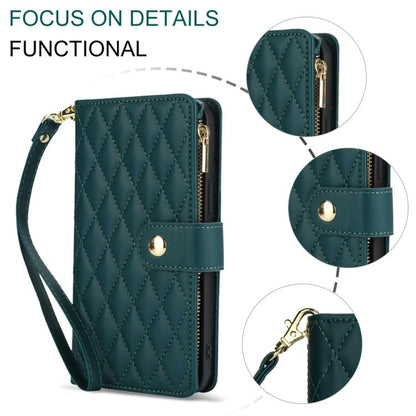 For iPhone 16e YM016 Rhombic Zipper Card Wallet Leather Phone Case with Lanyard(Green) - iPhone 16e Cases by buy2fix | Online Shopping UK | buy2fix
