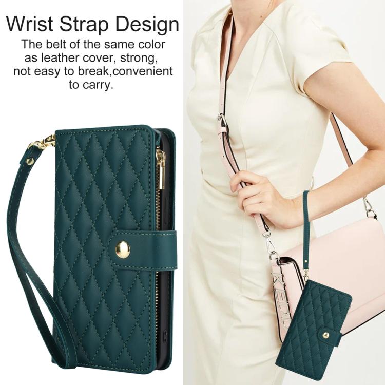 For iPhone 16e YM016 Rhombic Zipper Card Wallet Leather Phone Case with Lanyard(Green) - iPhone 16e Cases by buy2fix | Online Shopping UK | buy2fix