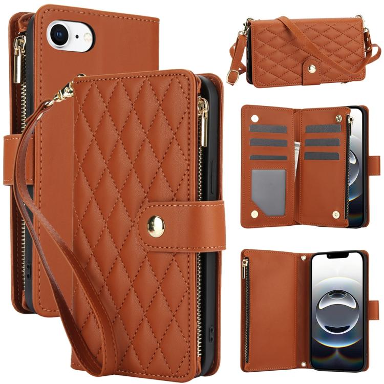 For iPhone 16e YM016 Rhombic Zipper Card Wallet Leather Phone Case with Lanyard(Brown) - iPhone 16e Cases by buy2fix | Online Shopping UK | buy2fix
