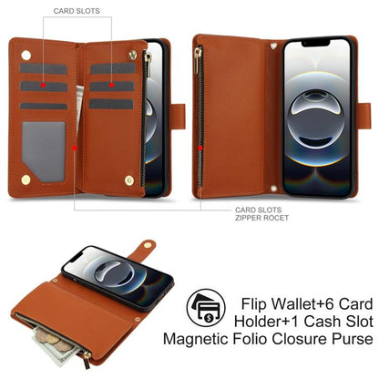 For iPhone 16e YM016 Rhombic Zipper Card Wallet Leather Phone Case with Lanyard(Brown) - iPhone 16e Cases by buy2fix | Online Shopping UK | buy2fix