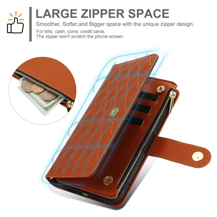 For iPhone 16e YM016 Rhombic Zipper Card Wallet Leather Phone Case with Lanyard(Brown) - iPhone 16e Cases by buy2fix | Online Shopping UK | buy2fix