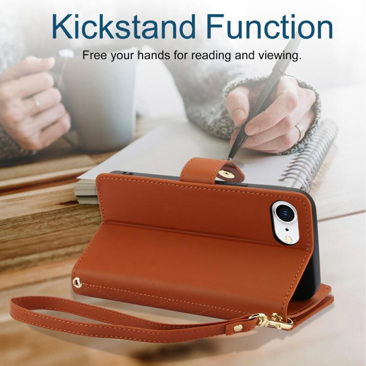 For iPhone 16e YM016 Rhombic Zipper Card Wallet Leather Phone Case with Lanyard(Brown) - iPhone 16e Cases by buy2fix | Online Shopping UK | buy2fix