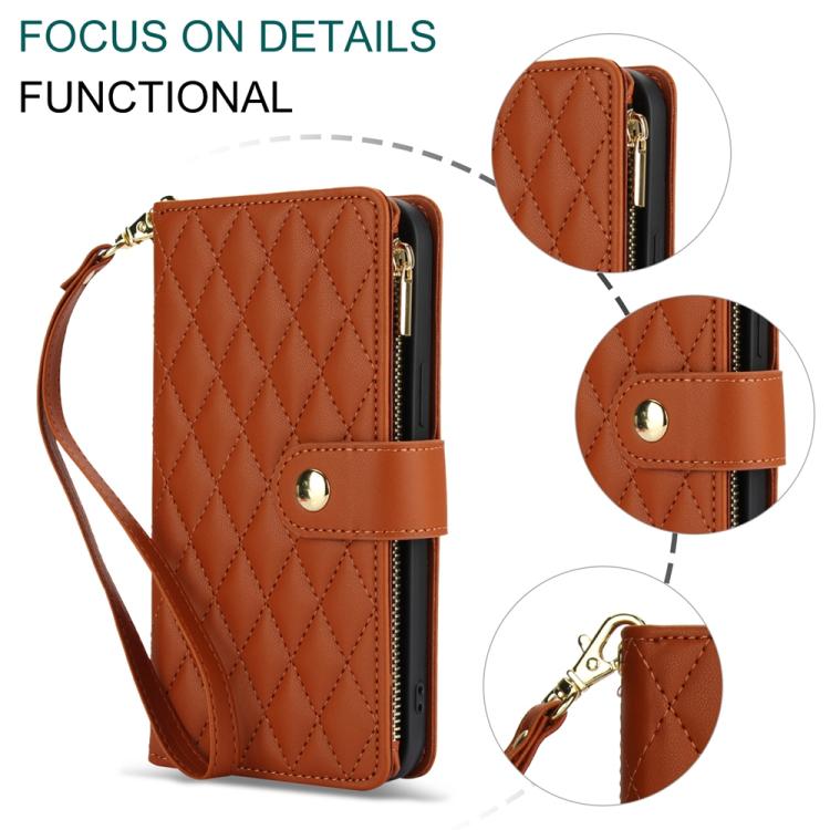 For iPhone 16e YM016 Rhombic Zipper Card Wallet Leather Phone Case with Lanyard(Brown) - iPhone 16e Cases by buy2fix | Online Shopping UK | buy2fix