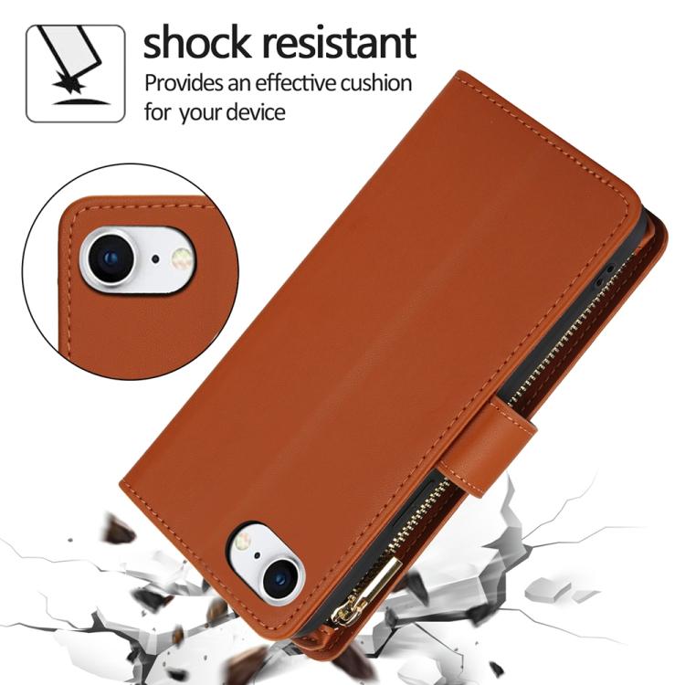 For iPhone 16e YM016 Rhombic Zipper Card Wallet Leather Phone Case with Lanyard(Brown) - iPhone 16e Cases by buy2fix | Online Shopping UK | buy2fix