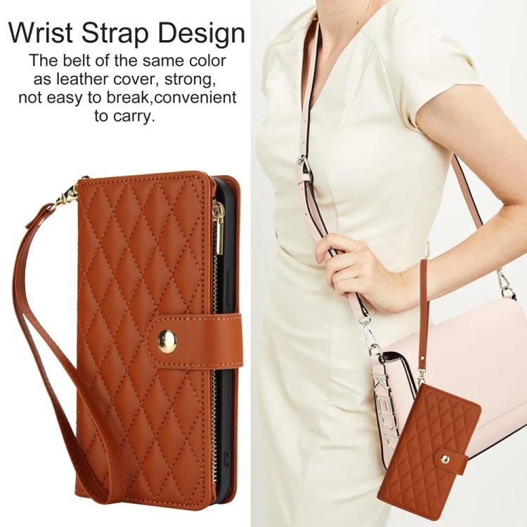 For iPhone 16e YM016 Rhombic Zipper Card Wallet Leather Phone Case with Lanyard(Brown) - iPhone 16e Cases by buy2fix | Online Shopping UK | buy2fix