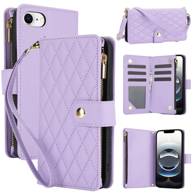 For iPhone 16e YM016 Rhombic Zipper Card Wallet Leather Phone Case with Lanyard(Light Purple) - iPhone 16e Cases by buy2fix | Online Shopping UK | buy2fix