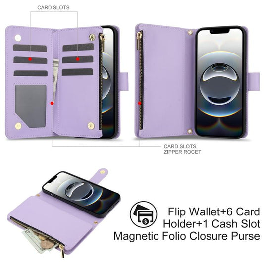 For iPhone 16e YM016 Rhombic Zipper Card Wallet Leather Phone Case with Lanyard(Light Purple) - iPhone 16e Cases by buy2fix | Online Shopping UK | buy2fix