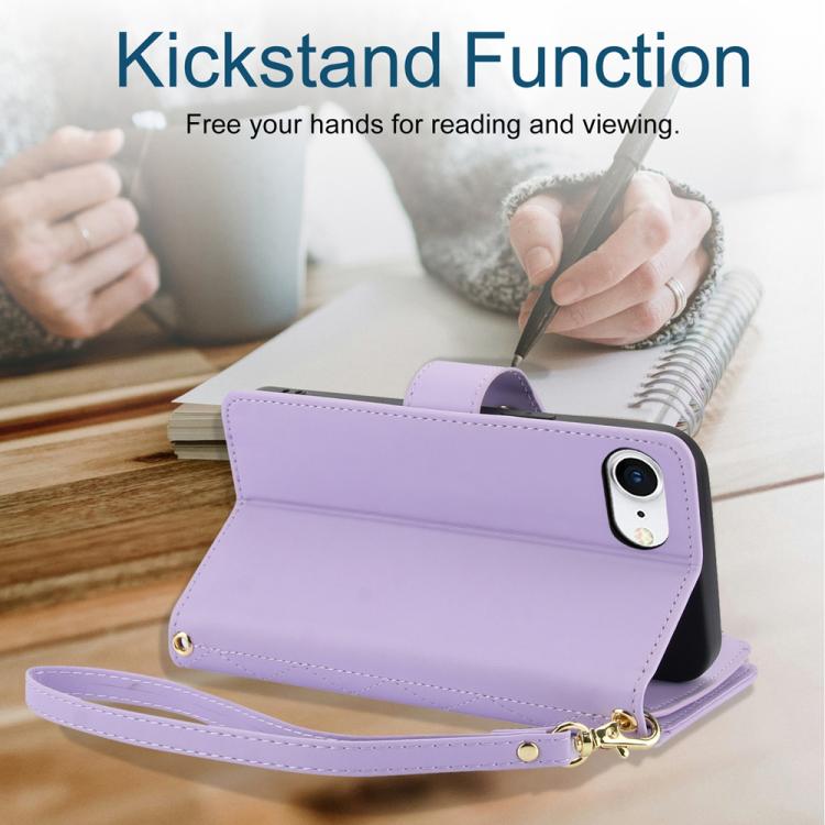 For iPhone 16e YM016 Rhombic Zipper Card Wallet Leather Phone Case with Lanyard(Light Purple) - iPhone 16e Cases by buy2fix | Online Shopping UK | buy2fix