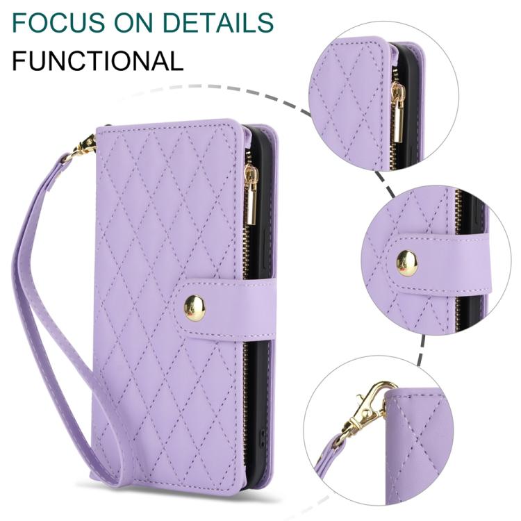 For iPhone 16e YM016 Rhombic Zipper Card Wallet Leather Phone Case with Lanyard(Light Purple) - iPhone 16e Cases by buy2fix | Online Shopping UK | buy2fix