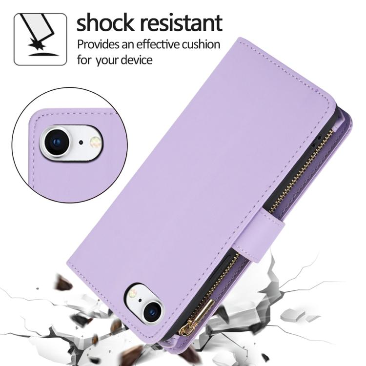 For iPhone 16e YM016 Rhombic Zipper Card Wallet Leather Phone Case with Lanyard(Light Purple) - iPhone 16e Cases by buy2fix | Online Shopping UK | buy2fix