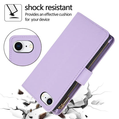For iPhone 16e YM016 Rhombic Zipper Card Wallet Leather Phone Case with Lanyard(Light Purple) - iPhone 16e Cases by buy2fix | Online Shopping UK | buy2fix