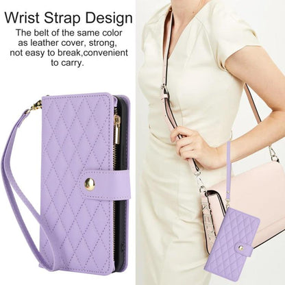 For iPhone 16e YM016 Rhombic Zipper Card Wallet Leather Phone Case with Lanyard(Light Purple) - iPhone 16e Cases by buy2fix | Online Shopping UK | buy2fix