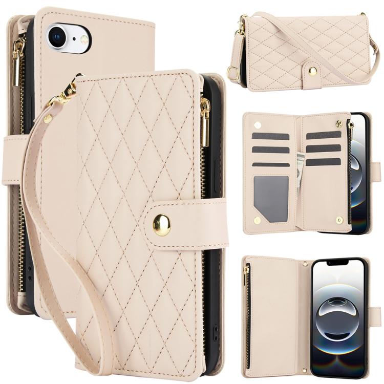 For iPhone 16e YM016 Rhombic Zipper Card Wallet Leather Phone Case with Lanyard(Apricot) - iPhone 16e Cases by buy2fix | Online Shopping UK | buy2fix